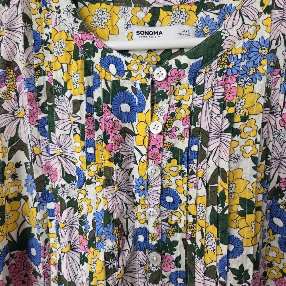 Sonoma Coastal Linen Shift Dress Floral Cottagecore Pintuck Pockets NEW PXL - Picture 4 of 16